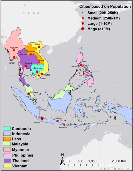 Study area of 8 countries and 19 cities as urban centers of URC, with 1 mega city, 8 large cities, 5 medium cities and 5 small cities, population ranging from 88k in Pakse, Lao PDR to 10.5 million in Jakarta, Indonesia. Courtesy: Peilei Fan